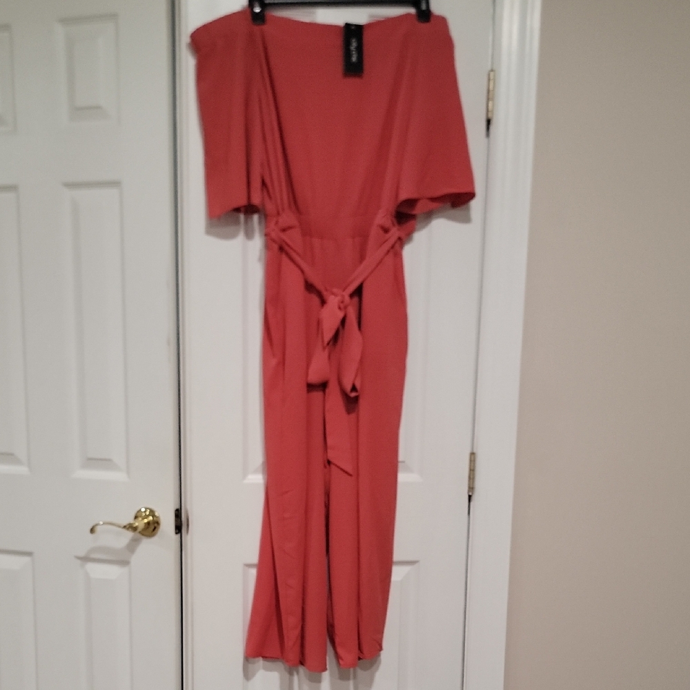 City Chic Koi Off-Shoulder Jumpsuit in Coral